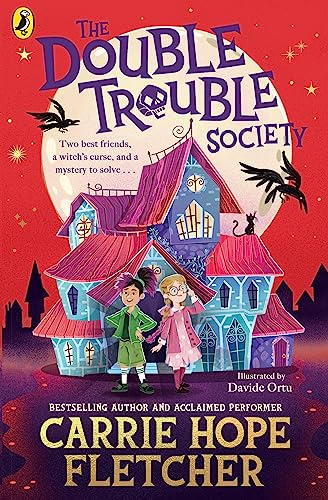 Book cover featuring two children standing before a whimsical, spooky house against a moon.