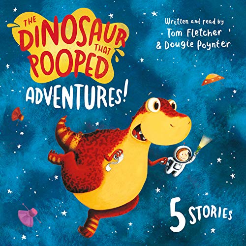 Book cover featuring a red dinosaur, astronaut, and space background.
