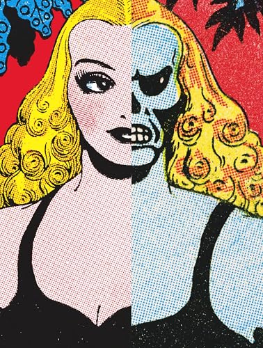 Split-face woman with blonde hair, half beautiful, half skeletal.