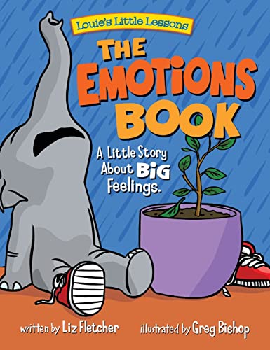 Book cover with cartoon elephant, plant, and title “The Emotions Book.”