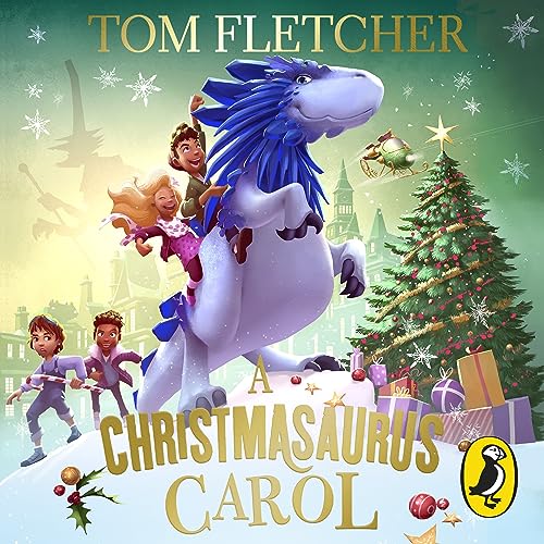 Children ride a blue dinosaur in a snowy Christmas town scene.