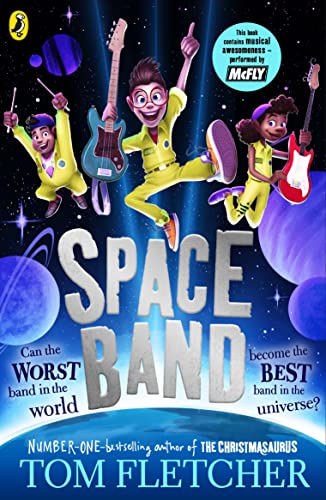Book cover: “Space Band” depicts children with guitars in a space setting.