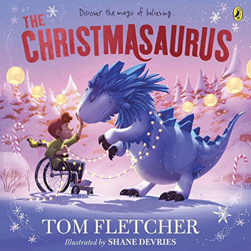 Book cover: boy in wheelchair with a friendly blue dinosaur.