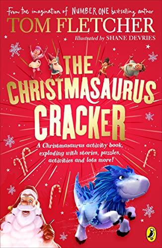 Book cover featuring a blue dinosaur, Santa, and festive decorations.