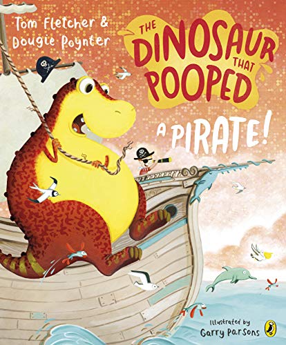 A large yellow and red dinosaur stands on a pirate ship with a pirate.