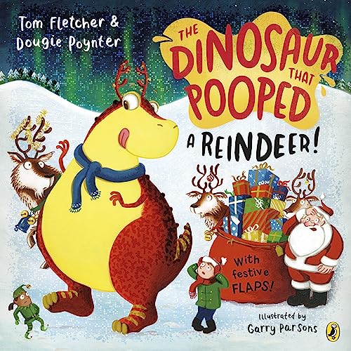 Yellow dinosaur with antlers beside reindeer, Santa, and gifts in snow.