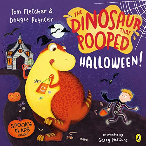 Book cover featuring a dinosaur in a ghost costume with Halloween-themed backgrounds and characters.