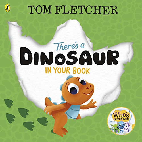 Book cover featuring a cute orange dinosaur on a green background with torn paper.