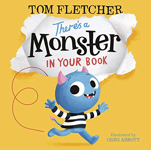 "Children's book cover featuring a blue monster on a yellow background, with torn paper effect."