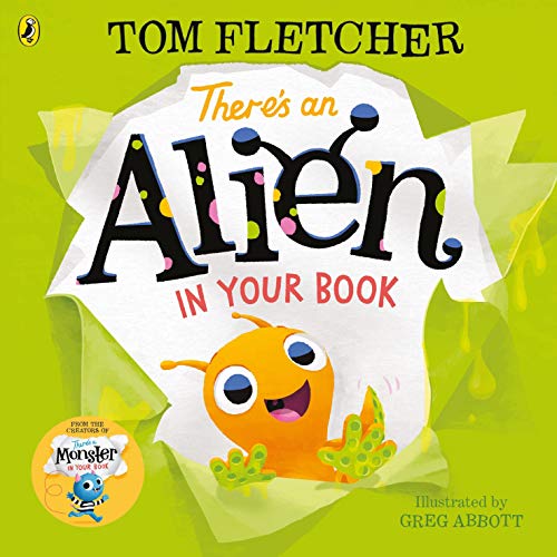 Book cover: bright green background, alien peeking from folded page.