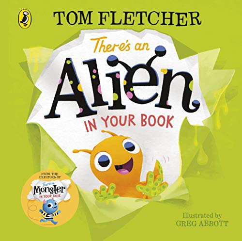 Book cover with bright green background and a cartoon orange alien.