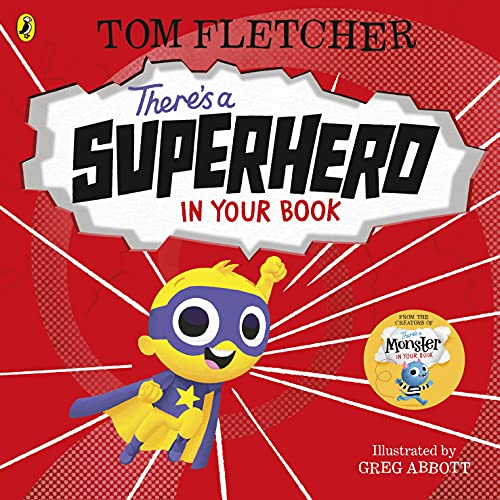 Book cover featuring a yellow superhero character on a red background with white rays.