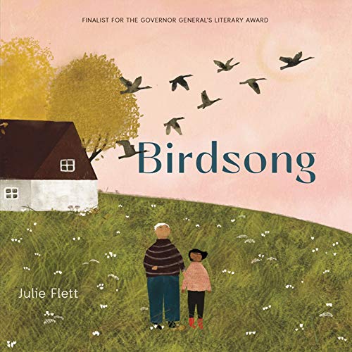 Book cover: house, figures, birds in flight, green field, title "Birdsong".
