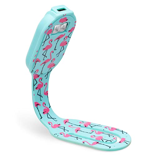 Turquoise flexible light with a repeating pink flamingo pattern.