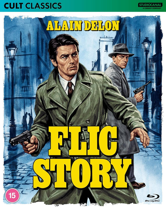 Flic Story Blu-ray cover featuring Alain Delon holding a gun in a city.