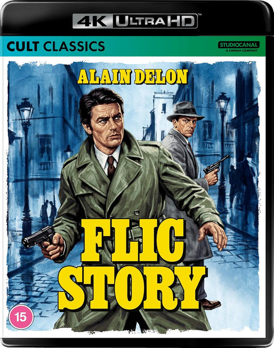 Blu-ray cover for "Flic Story" featuring Alain Delon in a trench coat.