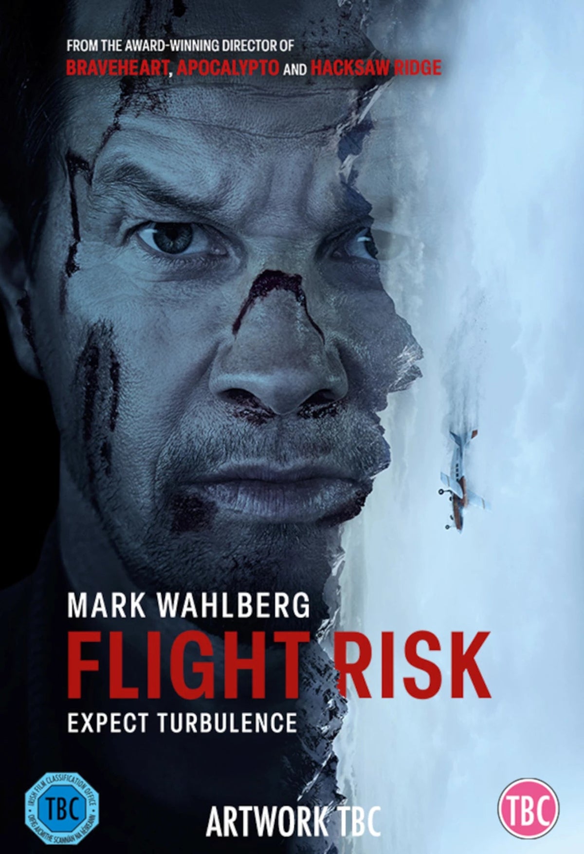 DVD cover for "Flight Risk" featuring Mark Wahlberg’s distressed face.