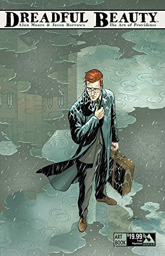 Book cover: man in coat with briefcase, rain, and city background.