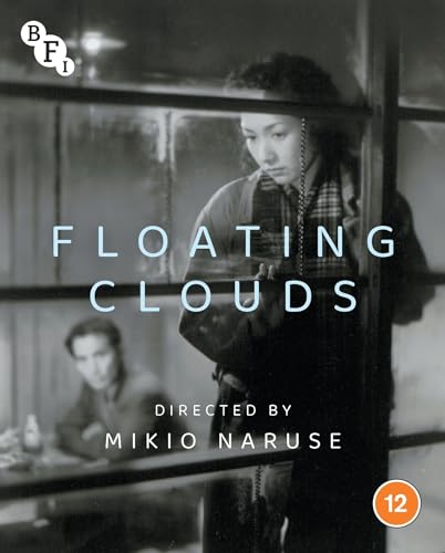 Black and white film poster for "Floating Clouds" featuring a woman looking through glass.