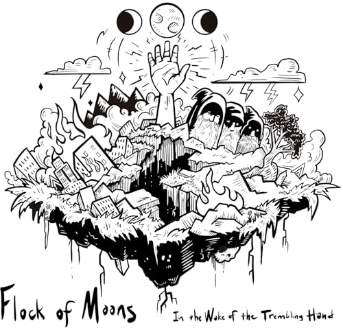 Black and white illustration of a landscape with moons, clouds, and a figure.