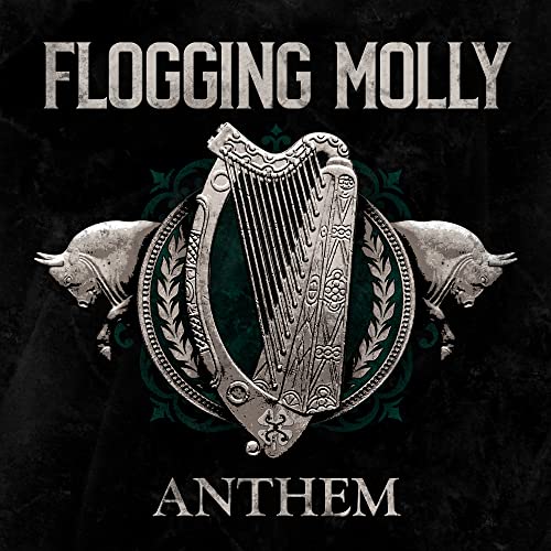 Flogging Molly “Anthem” album cover with harp and bull motifs.