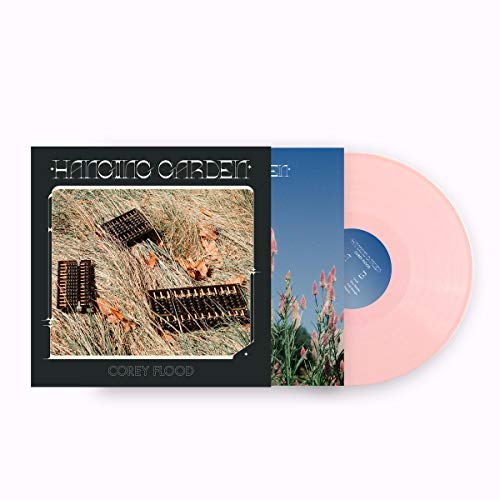 "Pink vinyl record with album cover showing piano keys in dry grass."
