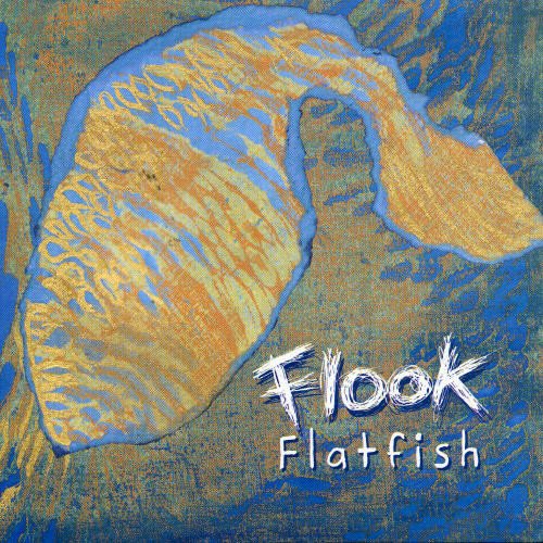 Abstract painting of a golden fish on a textured blue background with text Flook.