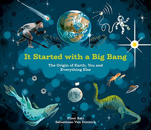 Book cover depicting Earth’s evolution from big bang to humans and dinosaurs.