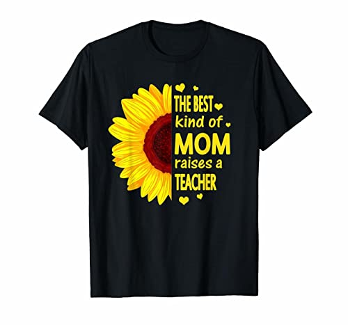 Black t-shirt with a sunflower and text praising a teacher mom.