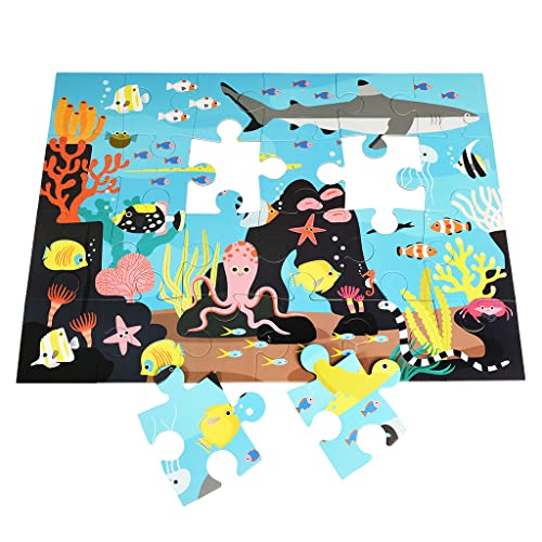 Coral reef floor puzzle with colorful fish, octopus, and shark.