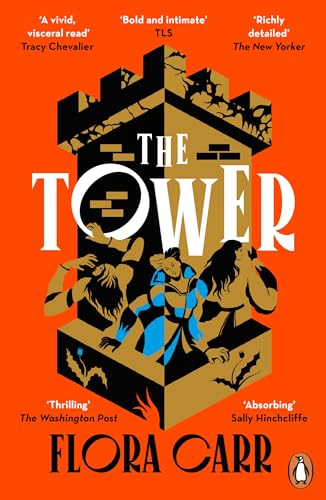 Book cover: orange background, tower illustration, figures falling, title “The Tower”.