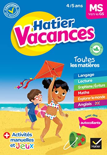 Colorful French workbook cover with children playing on a beach, kite flying.