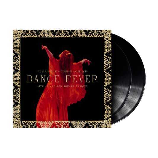 "Black vinyl record with cover art featuring a woman in a red dress."