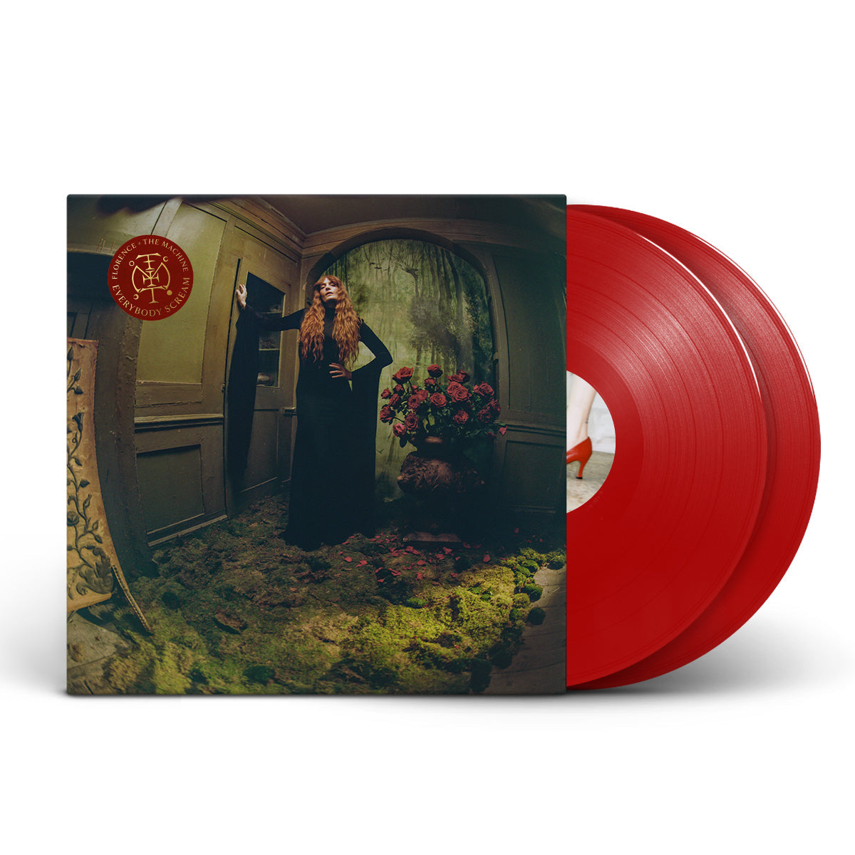 Florence + the Machine album cover and a red vinyl record.
