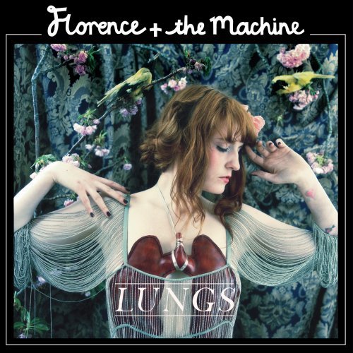 "Album cover featuring a woman surrounded by flowers and birds, with 'Lungs' written at the bottom."