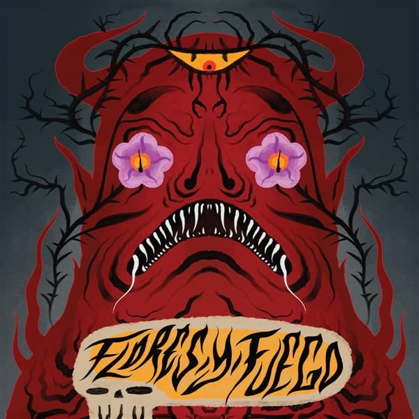 Red demon face with floral eyes and the text “Flores Y Fuego.”