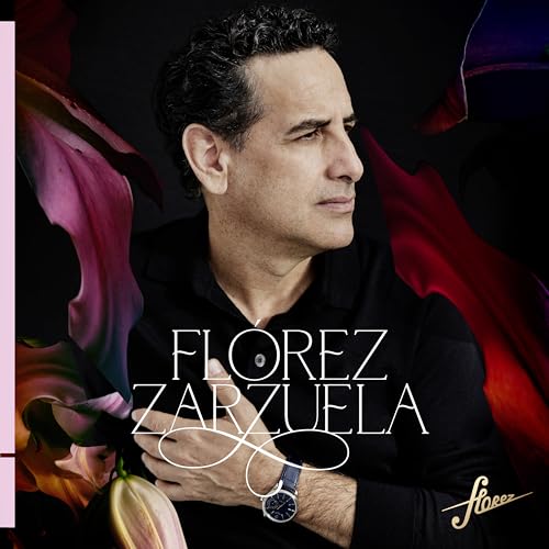 Portrait of Juan Diego Flórez with floral elements and text "Florez Zarzuela".