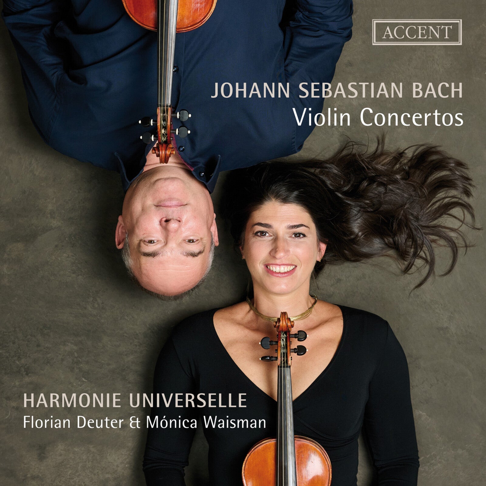 CD cover featuring two musicians and violins, reading “Bach: Violin Concertos”.
