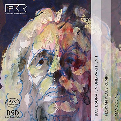 "CD cover featuring abstract portrait of Johann Sebastian Bach with text overlays."