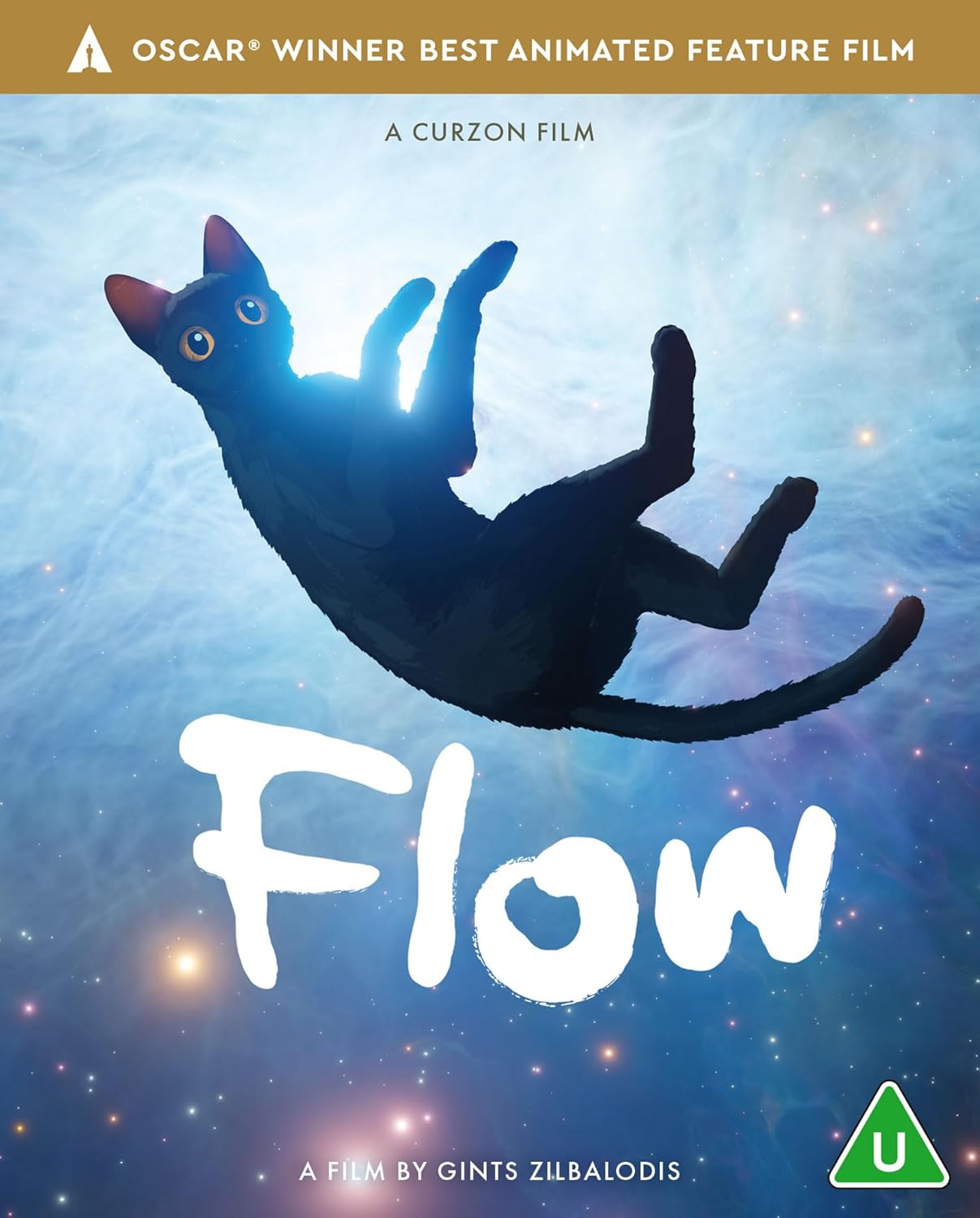 Blu-ray cover for animated film "Flow" featuring a falling black cat.