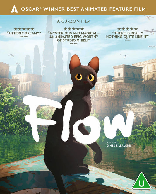 Blu-ray cover for animated film "Flow" featuring a black cat in a city.
