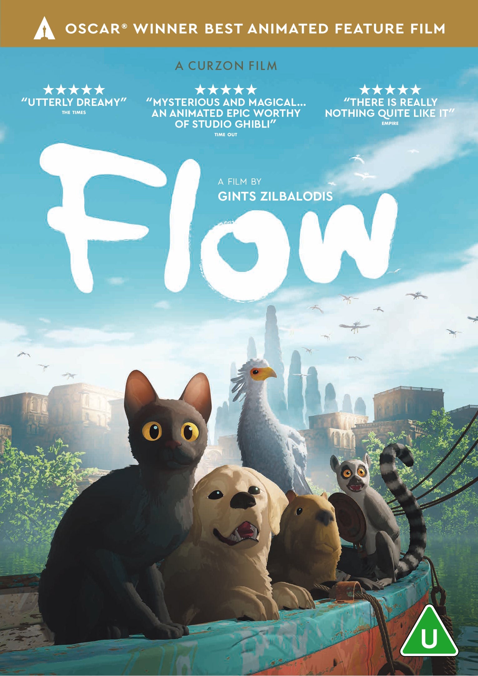 DVD cover for "Flow" featuring a black cat, dog, and lemurs in a boat.