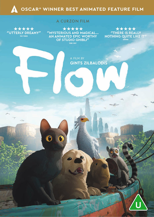 DVD cover for "Flow" featuring a black cat, dog, and lemurs in a boat.