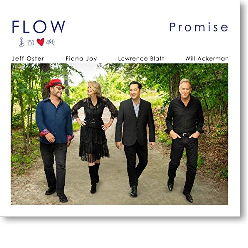 Four musicians walking along a wooded path on the Flow - Promise CD cover.