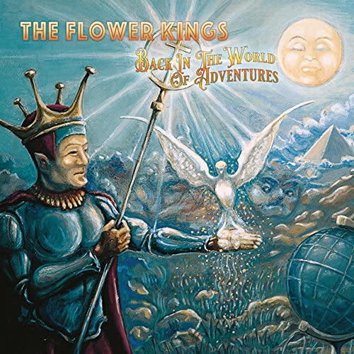 Album cover with a king, angel, sun, pyramids, and globe in clouds.