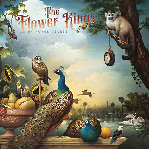 Album cover for The Flower Kings’ “By Royal Decree” featuring birds and monkeys.