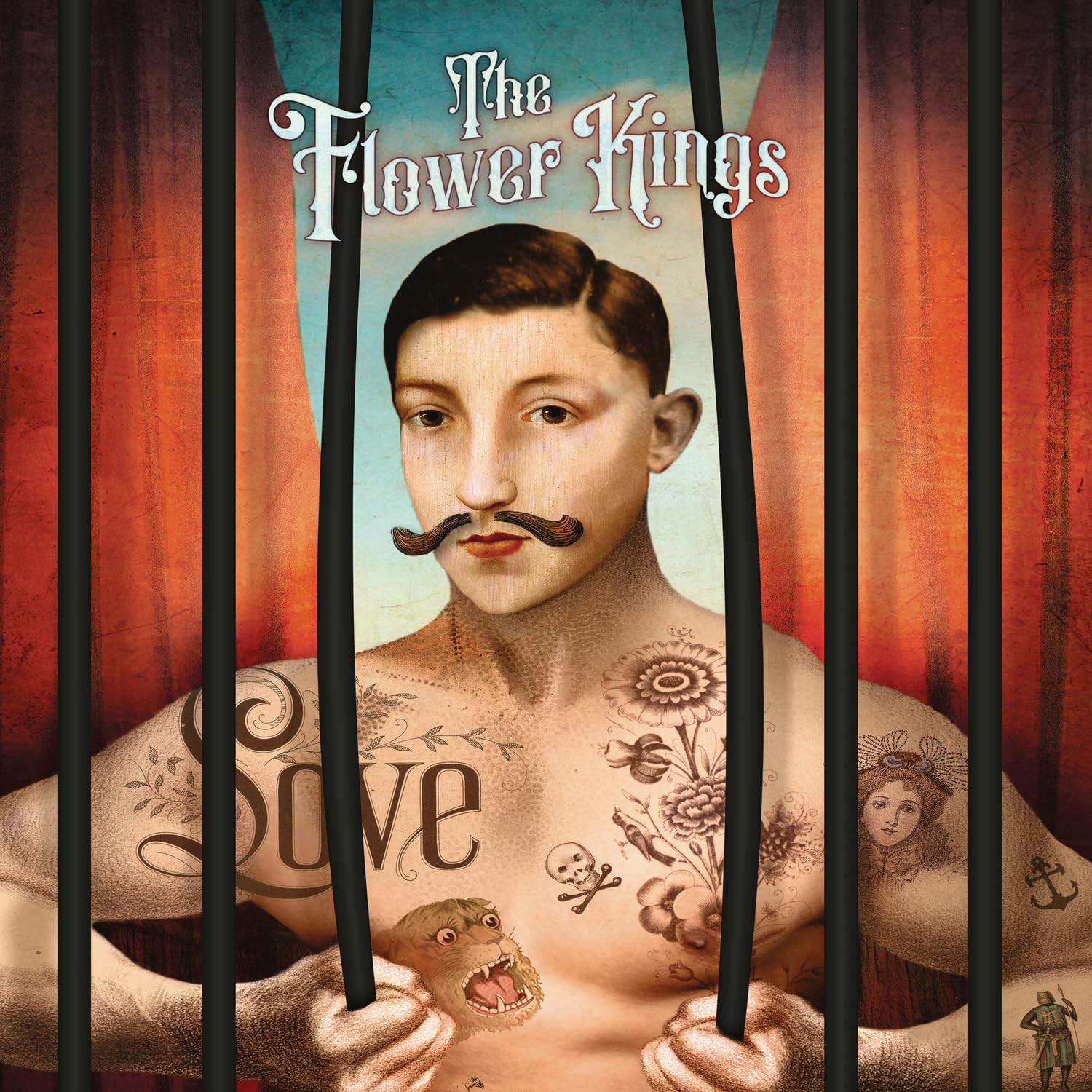Album cover for The Flower Kings’ “Love” featuring a tattooed man in a cage.