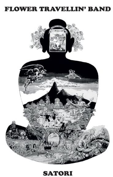 Black and white album cover for Flower Travelling Band’s “Satori” with a Buddha silhouette.