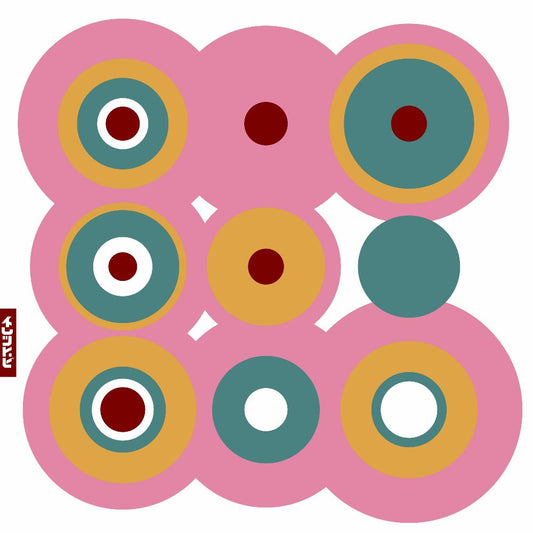 Abstract circular design in pink, yellow, teal, and white.