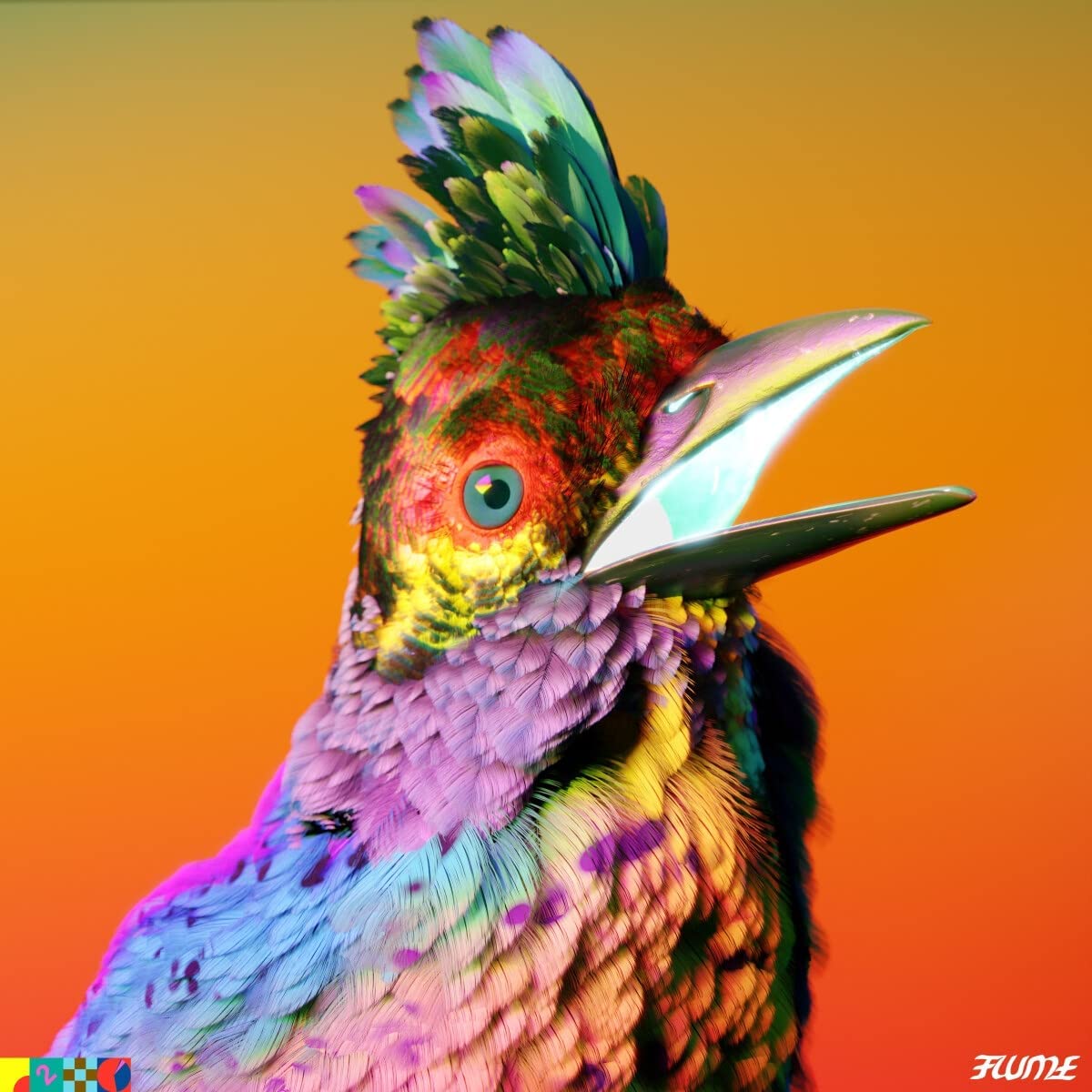 A colorful bird with an open beak against a gradient orange background.